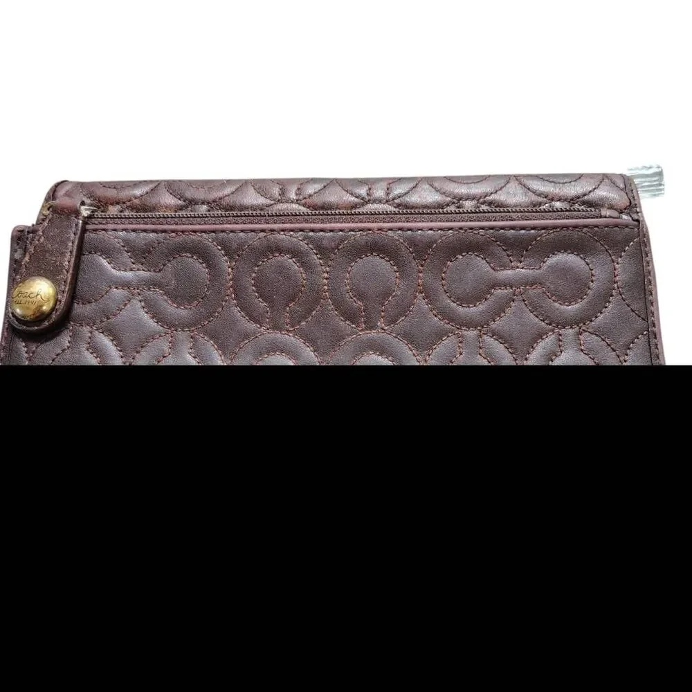 Authentic Coach quilted signature leather trifold wallet in rich brown with a so